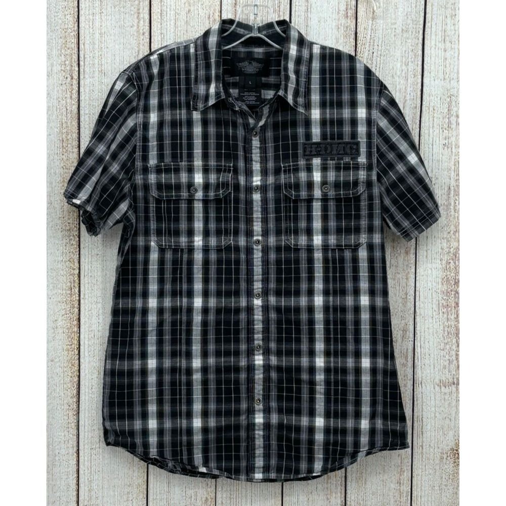 Harley Davidson Shirt Mens Large Black Plaid Snap Embroider Biker H-DMC Mechanic